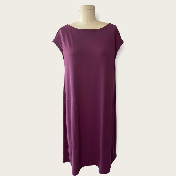 Eileen Fisher Curan Purple Bateau Neckline Twist Back Jersey Dress Size Medium - Picture 5 of 12